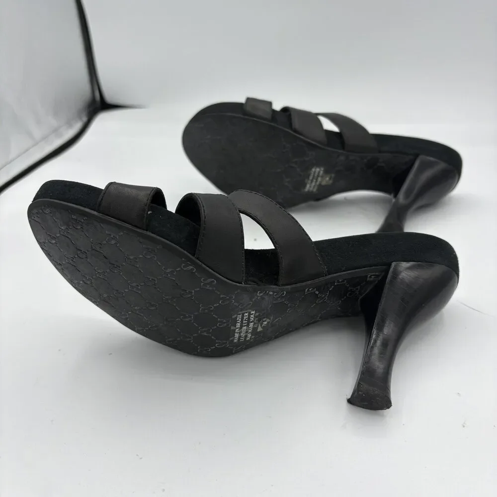 Franco Sarto High‎ Heels Womens 7 Leather Kitten Black Open Toe Mule Straps G2